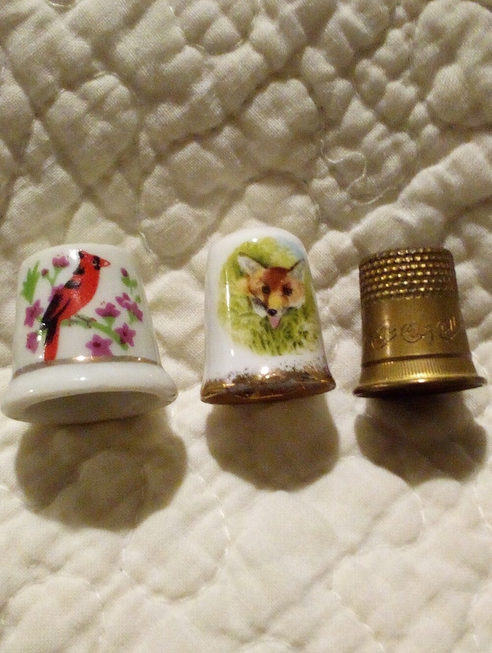 Set Of 3 Vintage Thimbles Cardinal Fox And Brass